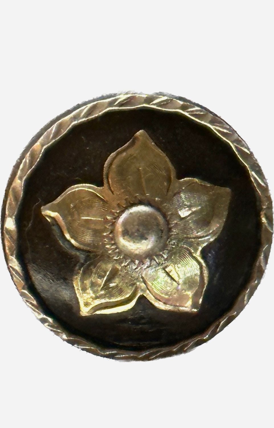 Chicago Style Concho in Rust Brown with Gold Tone Trim Thin Rope Border with Five Pointy Petals Blossom in Center