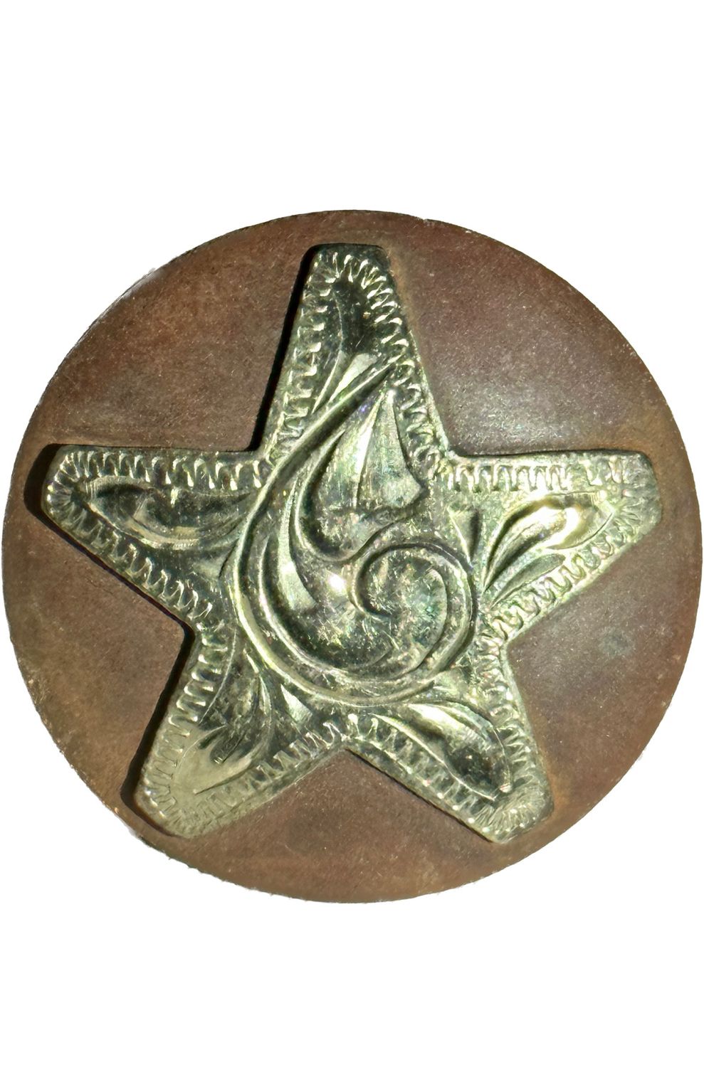 Chicago Style Concho in Rust Brown with German Silver Trim Engraved Star