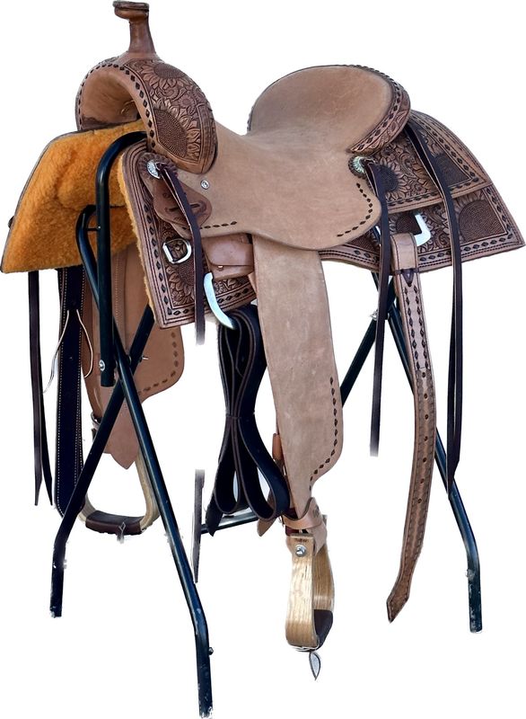 Robert Teskey Elite Cow Horse Saddle with a 16- inch Rough Out Seat and Black Buck Stitch Border in Light Finish Sunshine Flowers 020325