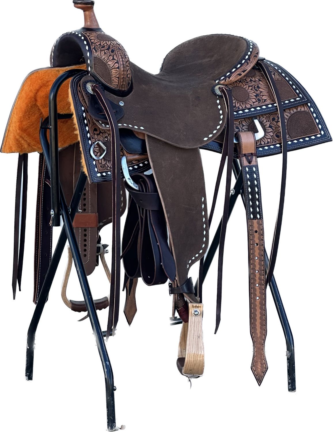 Robert Teskey Cow Horse Saddle with a 15 1/2-inch Rough Out Seat in Light Finish Latigo Red Painted Back Ground and White Buck Stitch Border Sunshine Flowers 020325