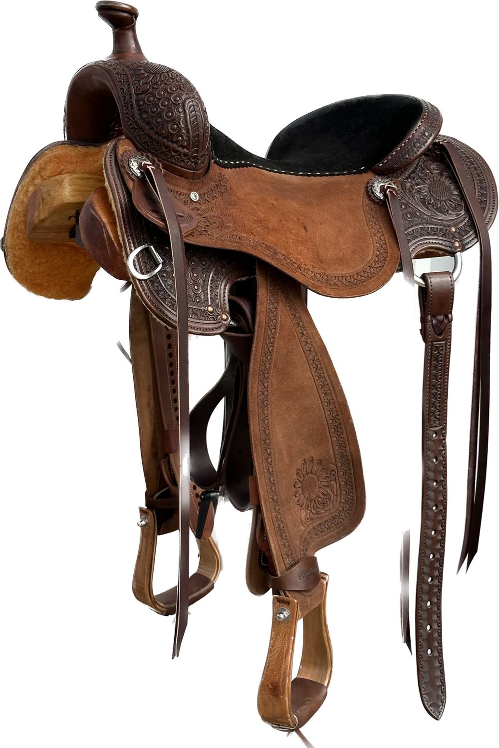 Robert Teskey Elite Ultra Light Cow Horse Saddle with a 15 1/2- inch Padded Black Suede Seat in Dark Finish SunFlower 020625