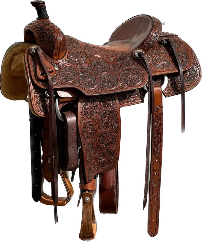 Robert Teskey Elite Cow Horse Saddle with a 16- inch Slick Out &amp; Partially Tooled Seat in Medium Finish Fully Tooled Floral With Leave Scroll 020625