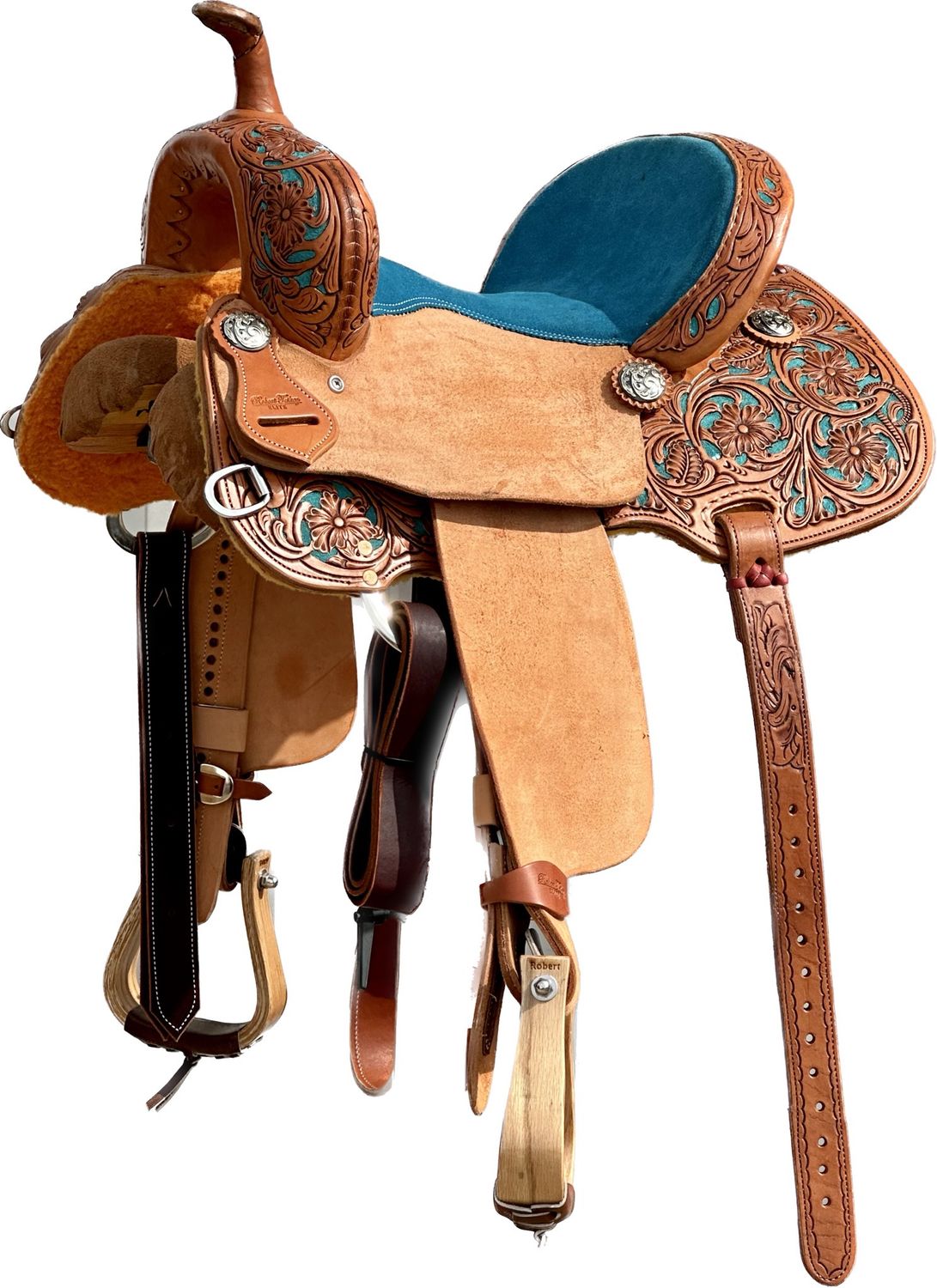 Robert Teskey Elite Barrel Racing Horse Saddle with a 14- inch Padded Suede Seat in Light Medium Finish Turquoise 021425