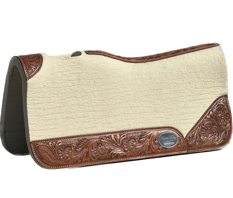 Robert Teskey Moisture Wicking Felt Saddle Pad with Medium Oiled Tooled Floral Wear Leathers 1- inch Thickness in Sand