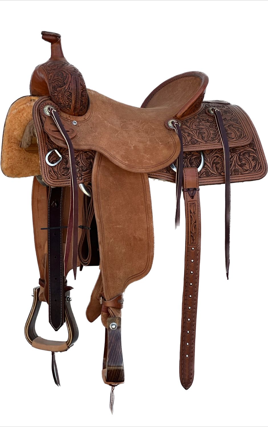 Robert Teskey Elite Cow Horse Saddle with a 15 1/2- inch Rough Out Seat Oak Leave PR 032225
