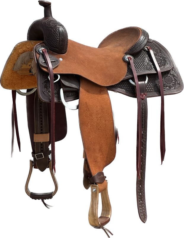 Robert Teskey Elite Cow Horse Saddle with a 16- inch Rough Out Seat In Dark Oil Finish Basket Weave with Sunflowers 032725