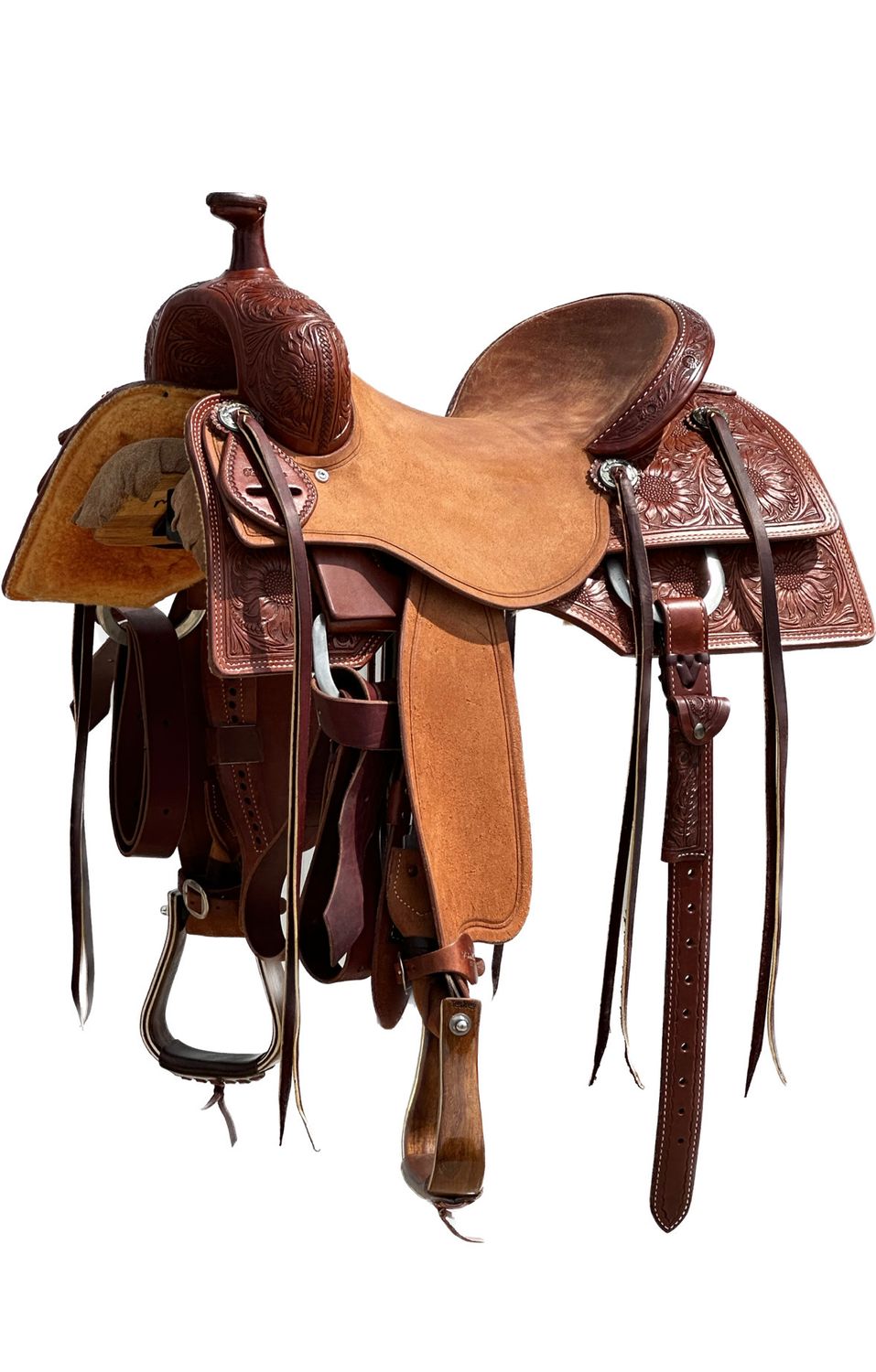 Robert Teskey Elite Cow Horse Saddle with a 15 1/2- inch Rough Out Seat in Medium Oil Finish Chestnut Sunflower 032725