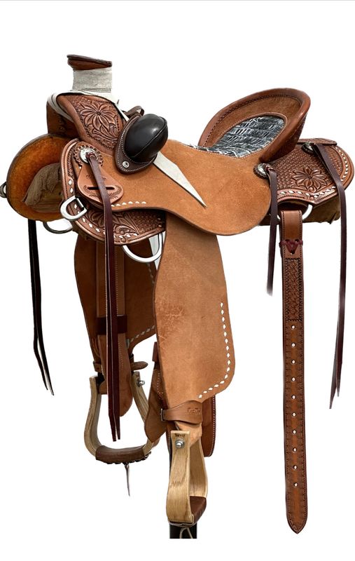 Robert Teskey Ultra Light Ladies Wade Saddle with a 16- inch Embossed Inlay Seat &amp; White Buck Stitch Border in Medium Oil Finish 040225