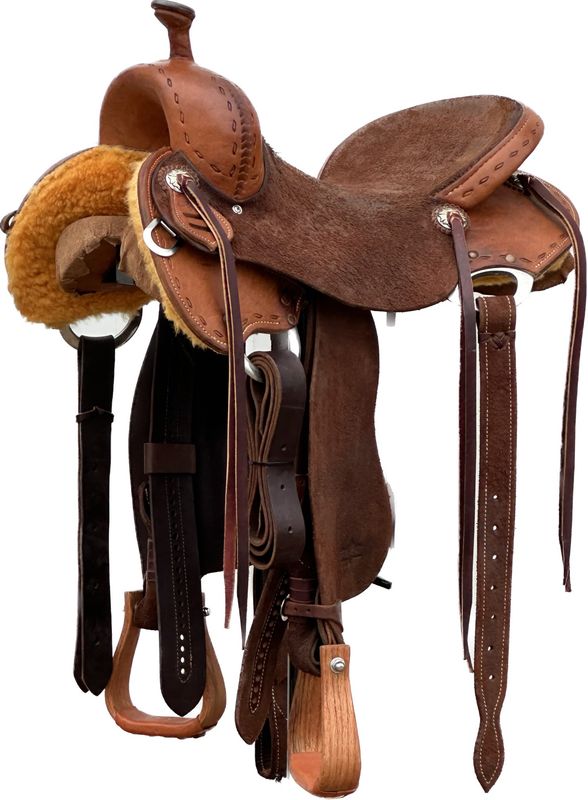 Stuart Rybak Cow Horse Saddle with a 16- inch Chocolate Rough Out Seat in Medium Chestnut Finish 040325