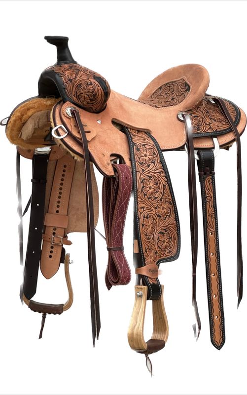 Robert Teskey Elite Ranch Roping Saddle with a 15- inch Rough Out &amp; Tooled Inlay Seat with Black Painted Edge Smudge Front Of Skirt