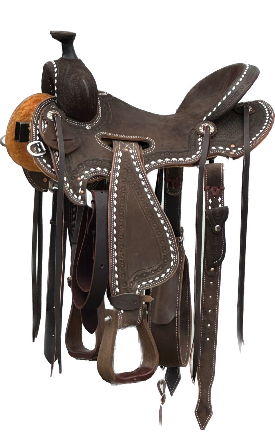 Robert Teskey Elite Will James Saddle with a 16- inch Rough Out Seat in Basket Weave with Blossom Tooled &amp; White Buck Stitch Border in Dark Oil Finish 041925