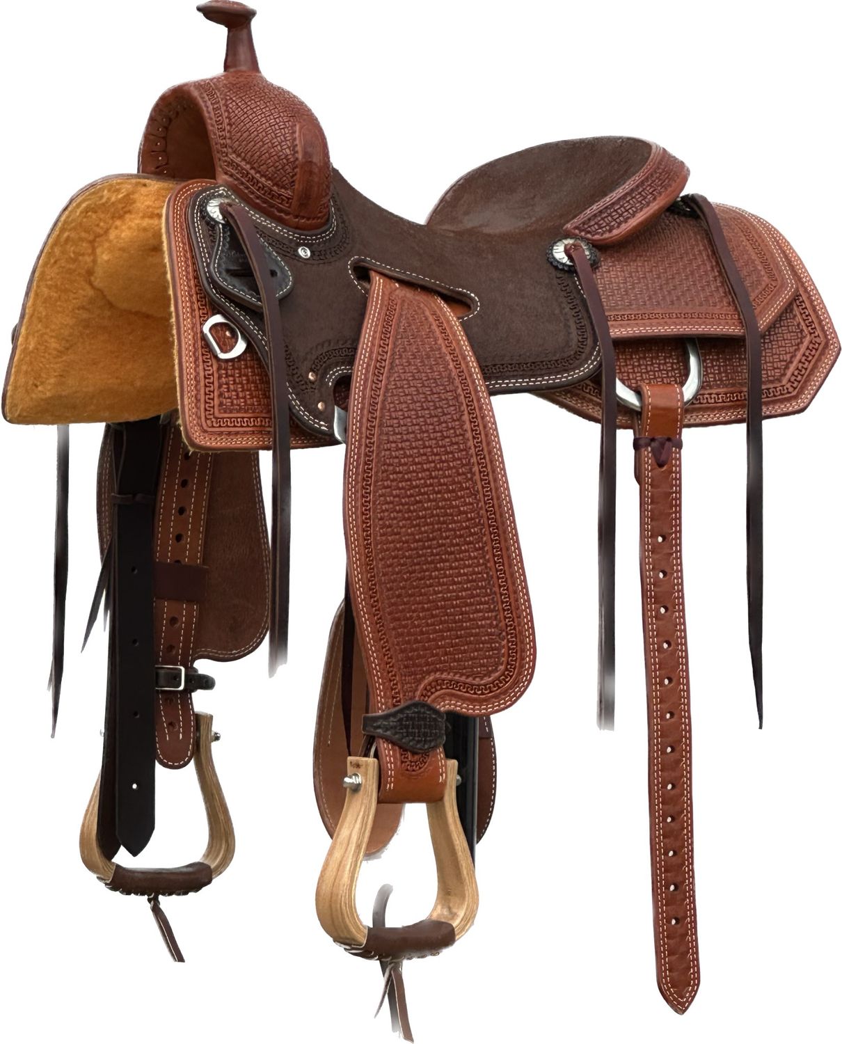 Robert Teskey Elite Heavy Duty Ranch Cutting Horse Saddle with a 15 1/2-inch Rough Out Seat Tooled in Lace Pattern with Snake Border in Medium Oil &amp; Dark Oil Combination