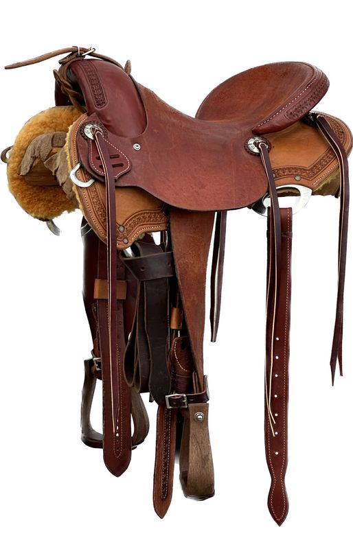 Stuart Rybak Hornless Cow Horse Saddle with a 15- inch Rough Out Seat in Tow Tone 042925