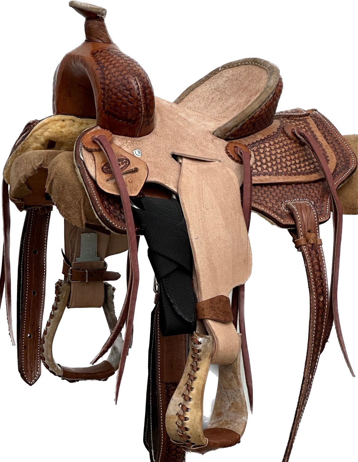 Heart O Texas Kid’s Saddle with a 10- inch Rough Out Seat Interlaced Tooling in Medium Finish 050125
