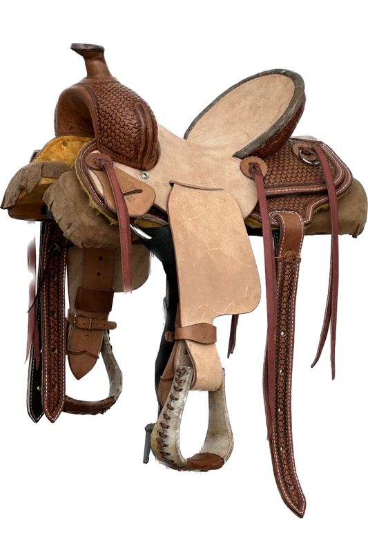 Heart O Texas Kid’s Saddle with a 13- inch Light Rough Out Seat Interlace Tooled in Medium Finish 050125