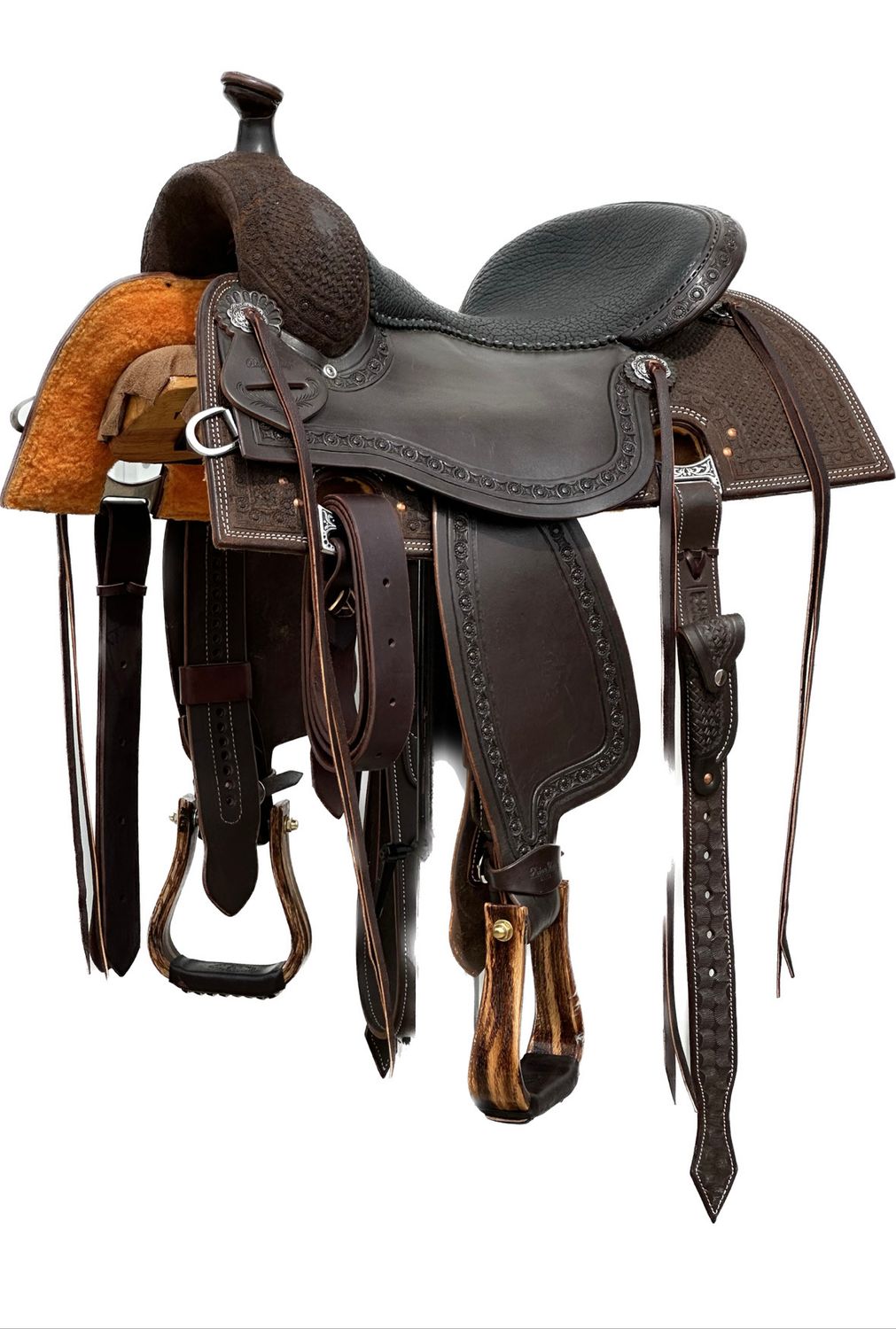 Robert Teskey Elite Cow Horse Saddle with a 15 1/2-inch Textured Padded Seat in Dark Finish with Basket Weave on Rough Out &amp; All Over Floral Border