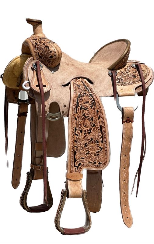 Heart O Texas Tucson Roping Horse Saddle with a 16- inch Rough Out Seat in Light Oil Finish
