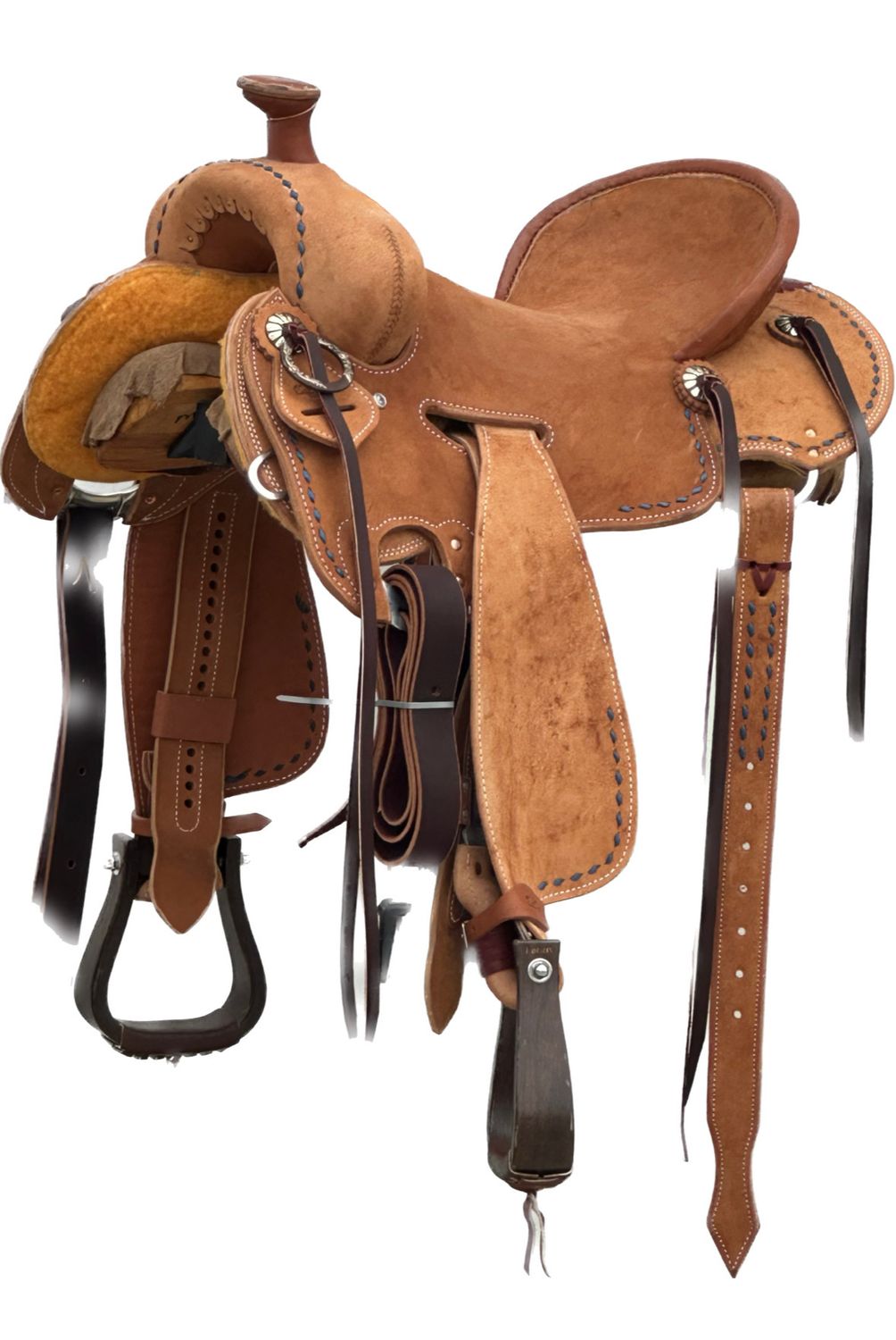 Robert Teskey Elite Ranch Roping Horse Saddle with a 16- inch Rough Out Seat in Medium Finish BlueBuckStitch  052425