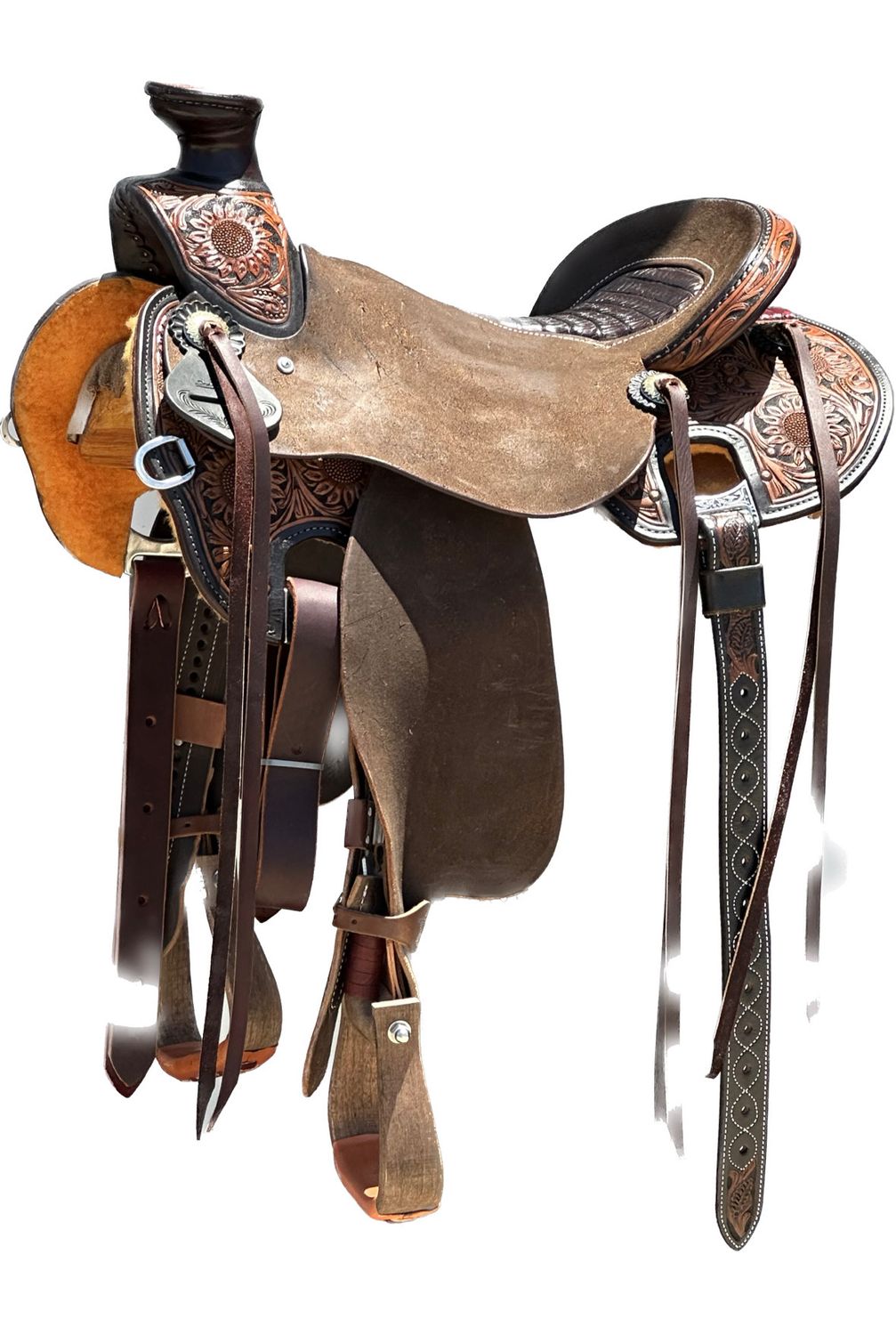Stuart Rybak Ultra Light Ladies Wade Saddle with a 16- inch Patterned Inlay Seat in Medium Oil Finish Sunflower Jeremiah 060925