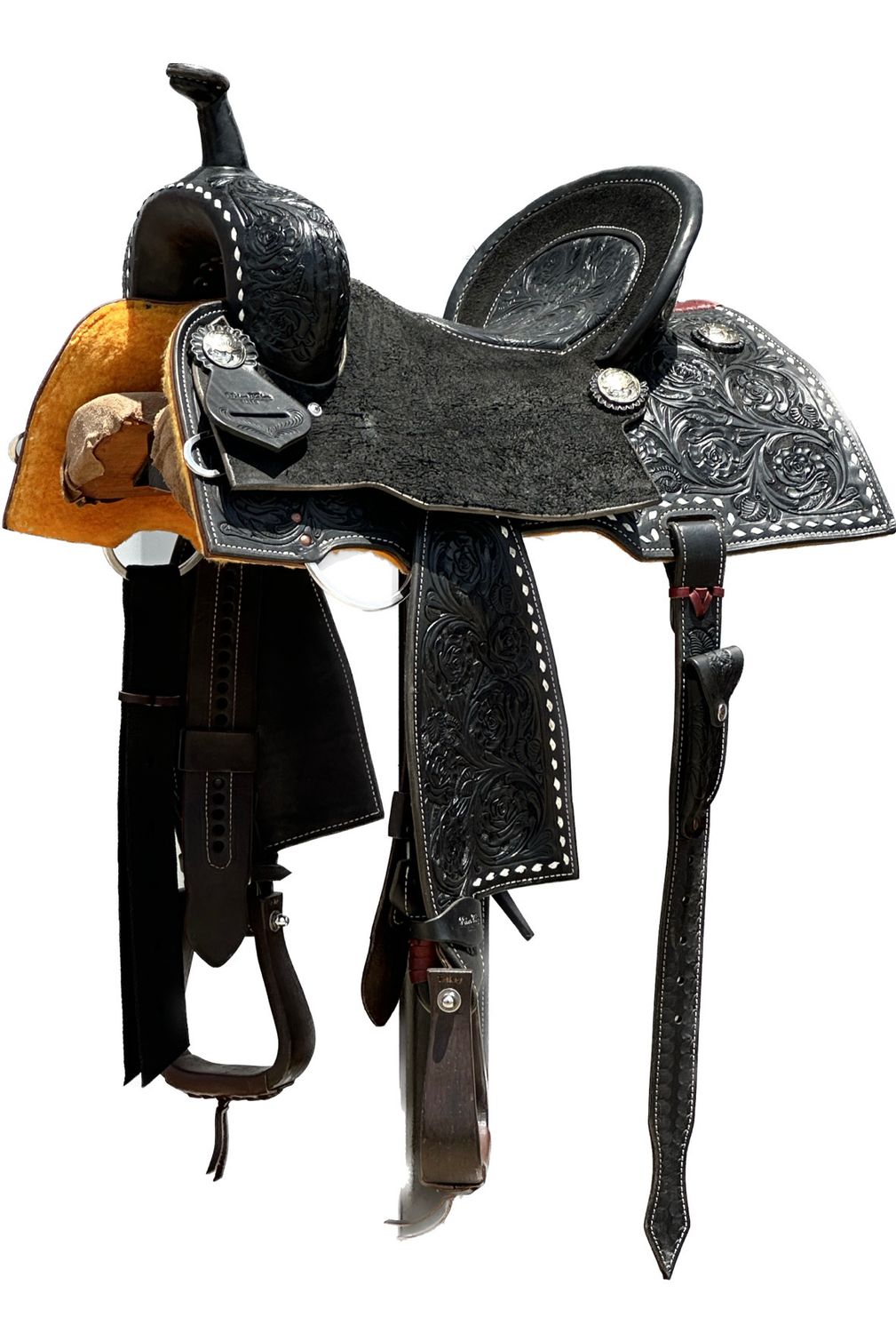 Robert Teskey Elite Barrel Racing Horse Saddle with a 15- inch Rough Out with Tooled Inlay Seat in Dark/ Black Finish Roses White Buck Stitch 061325
