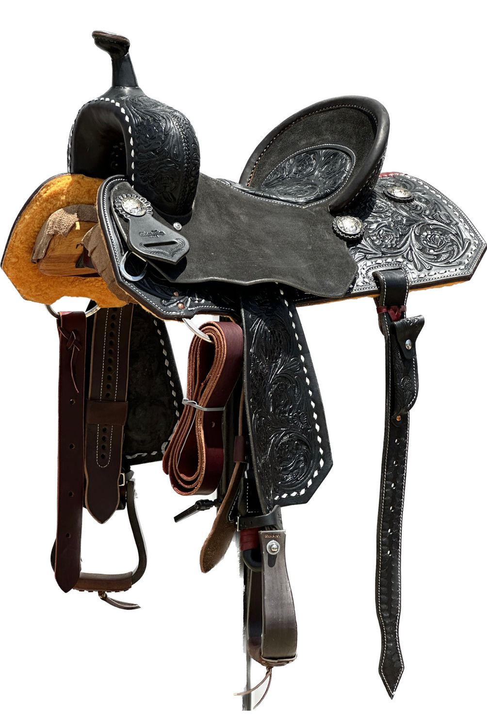 Robert Teskey Elite Barrel Racing Horse Saddle with a 14 1/2- inch Rough Out &amp; Tooled Inlay Seat in Dark/ Black Finish Roses White Buck Stitch 061325