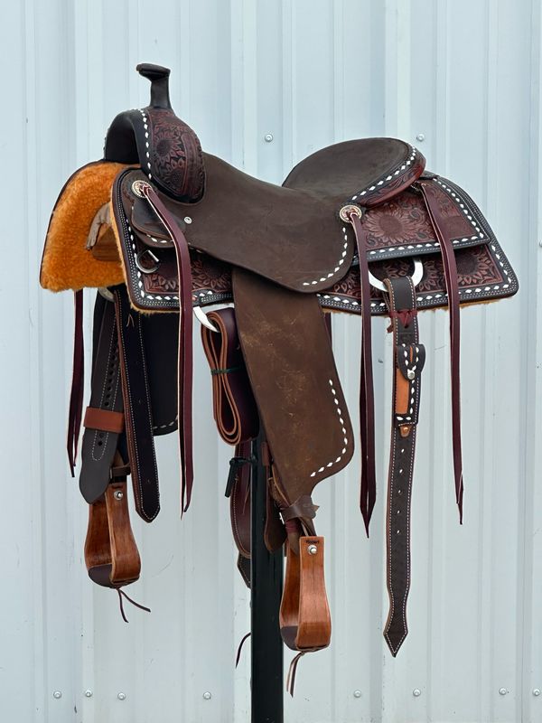 Robert Teskey Elite Cow Horse Saddle with a 16 1/4- inch Dark Rough Out Seat Sunflower Tooled with White Buck Stitch Border