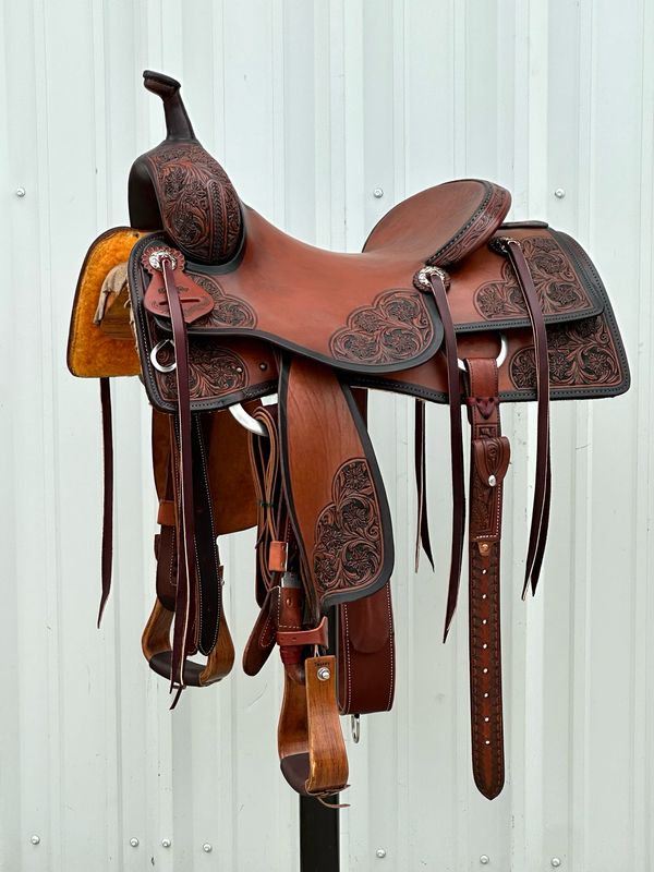 Robert Teskey Elite Cutting Horse Saddle with a 16- inch Chestnut Slick Out Seat Floral Tooled with Painted Border BW Tree