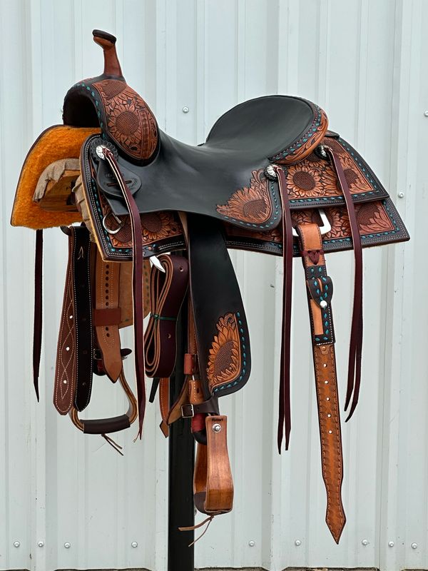 Robert Teskey Elite Cutting Horse Saddle with a 16- inch Dark Slick Out Seat Sunflower Tooled with Turquoise Buck Stitch Border BW Tree