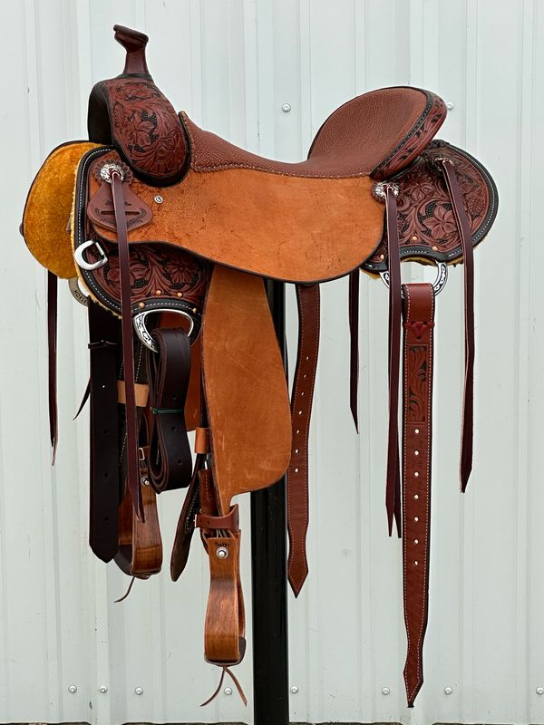 Stuart Rybak Cow Horse Saddle with a 16 1/2- inch Chestnut Textured Padded Seat Floral Tooled with Painted Border Jeremiah Watt