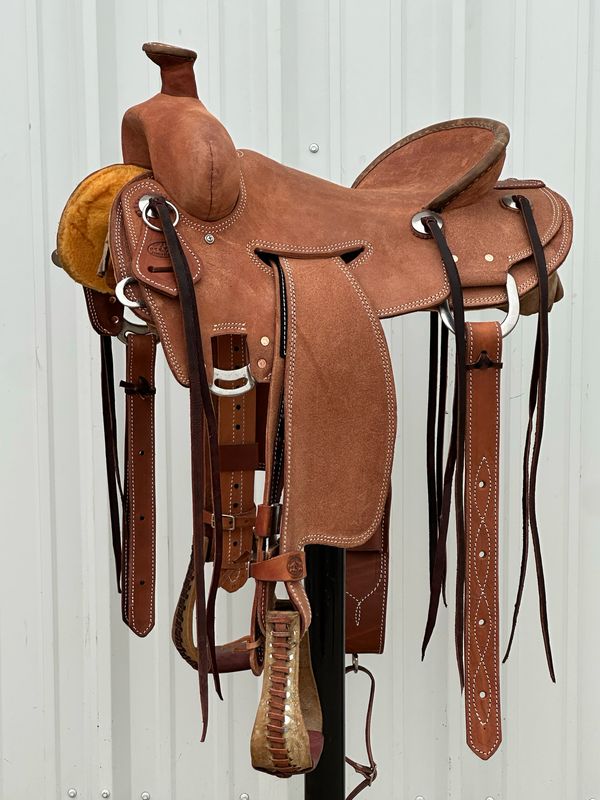 Heart O Texas Ranch Roping Saddle with a 16- inch Rough Out Seat Basket Weave  WJ Tree