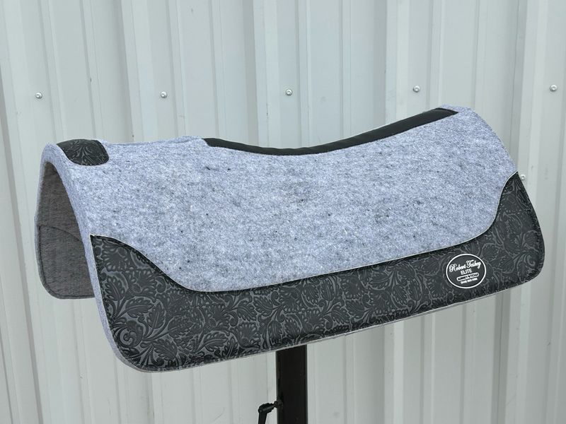 Robert Teskey Elite Contoured 1- inch Thickness Felt Saddle Pad with Dark Leave &amp; Floral Wear Leathers and Leather Spine in Light Grey