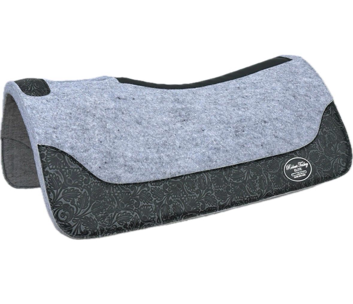 Robert Teskey Elite Contoured 1- inch Thickness Felt Saddle Pad with Black Leave &amp; Floral Wear Leathers and Leather Spine in Light Grey