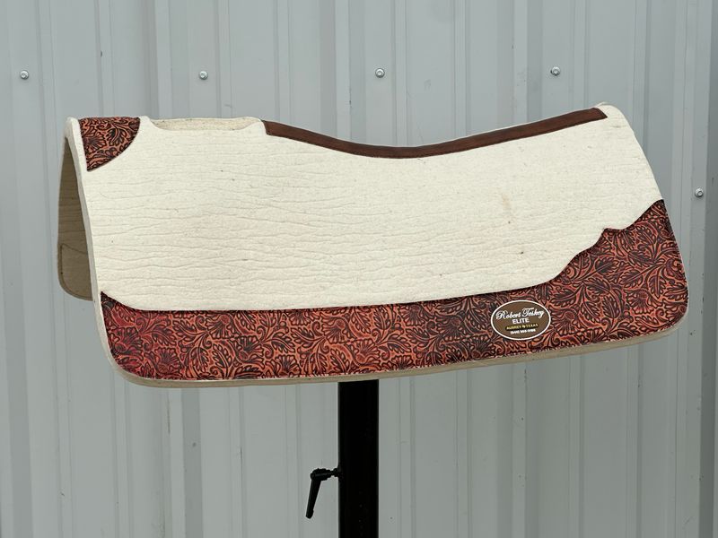 Robert Teskey Elite Contoured 1- inch Thickness Merino Wool Saddle Pad with Tan Wear Leathers and Leather Spine Printed Floral in Creme