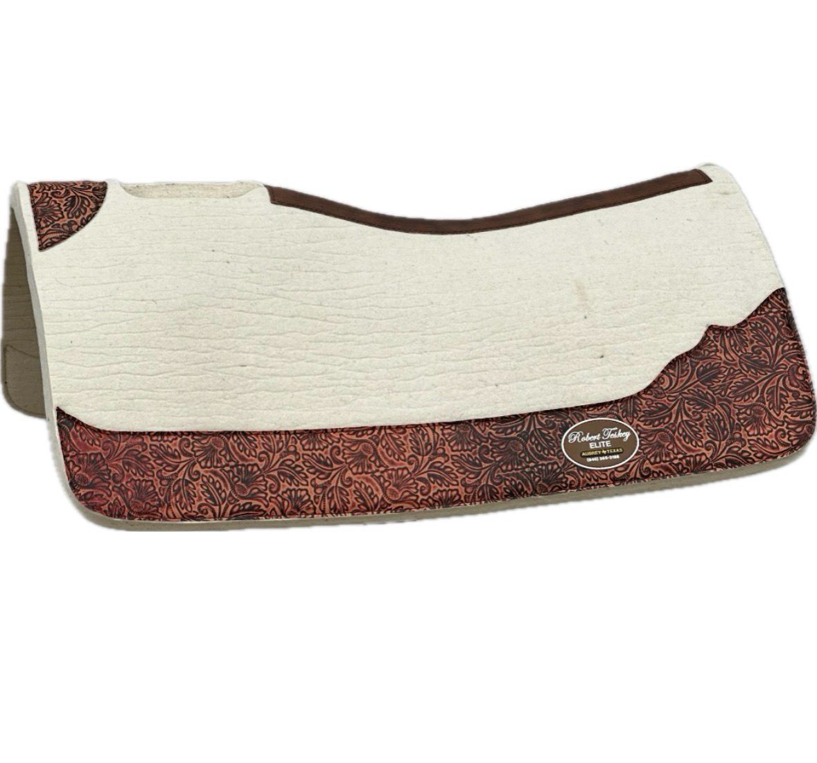 Robert Teskey Elite Contoured 1- inch Thickness Merino Wool Saddle Pad with Tan Wear Leathers and Leather Spine Printed Floral in Creme