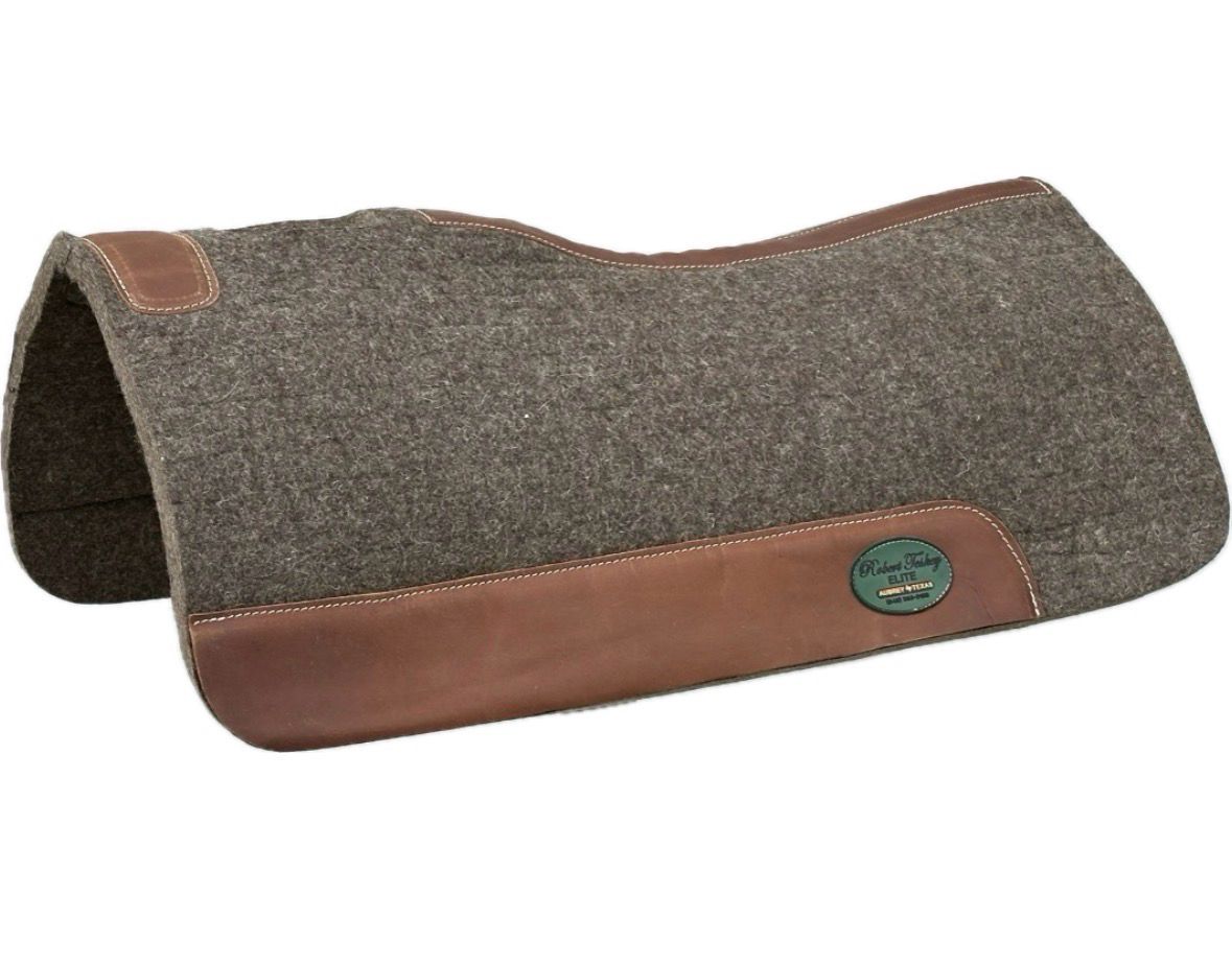Robert Teskey Elite Contoured 1- inch Thickness Merino Wool Saddle Pad with Brown Wear Leathers and Leather Spine in Melange Grey