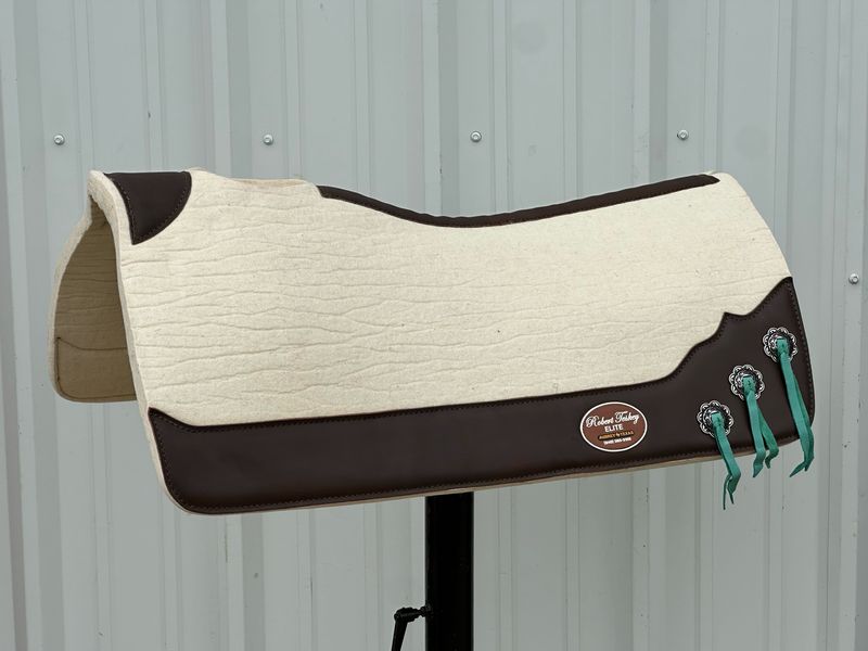 Robert Teskey Elite Contoured 1- inch Thickness Merino Wool Saddle Pad with Brown Wear Leathers and Leather Spine plus Three Decorative Jeremiah Watt Conchos with Strings in Creme