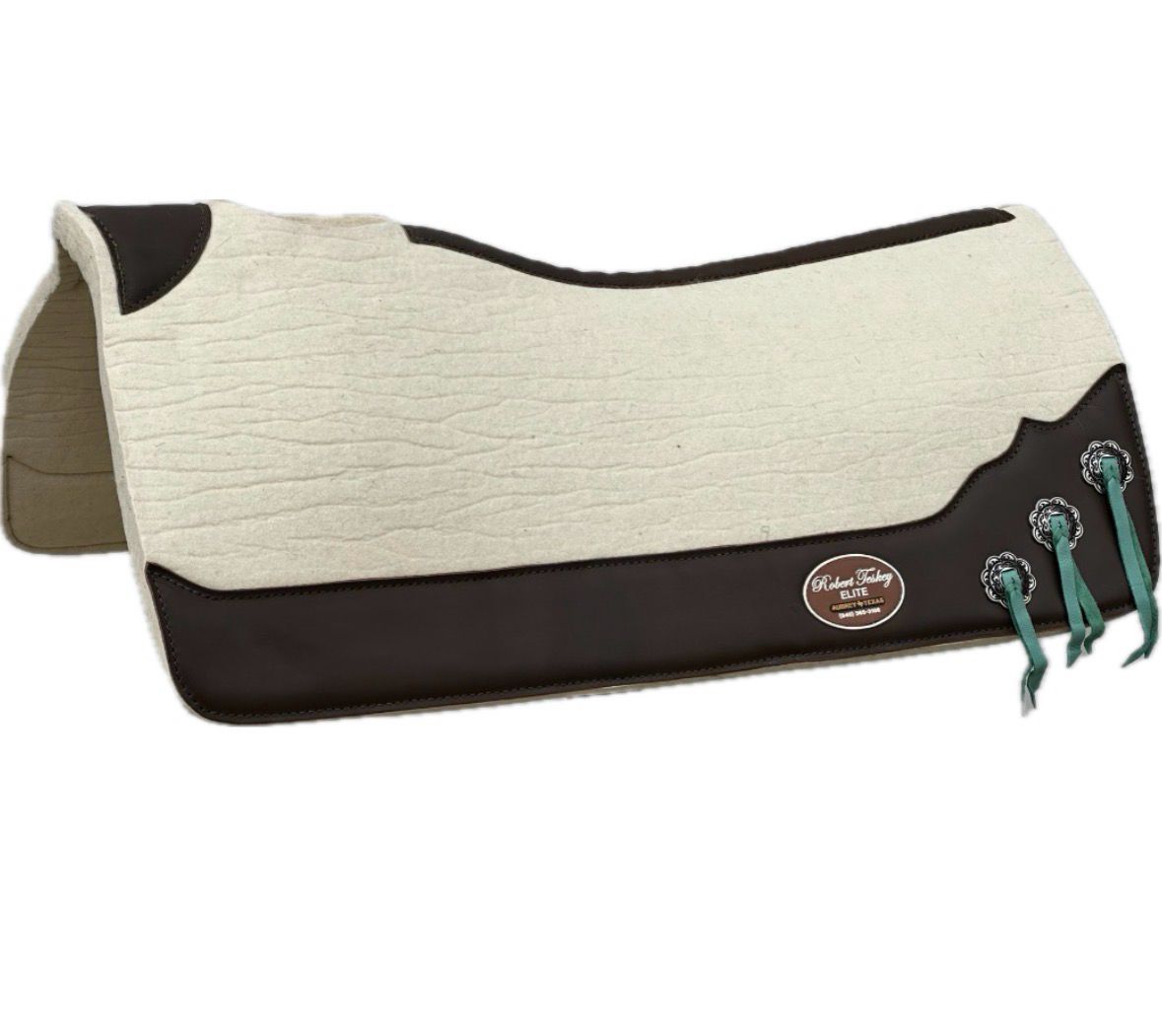 Robert Teskey Elite Contoured 1- inch Thickness Merino Wool Saddle Pad with Brown Wear Leathers and Leather Spine plus Three Decorative Jeremiah Watt Conchos with Strings in Creme