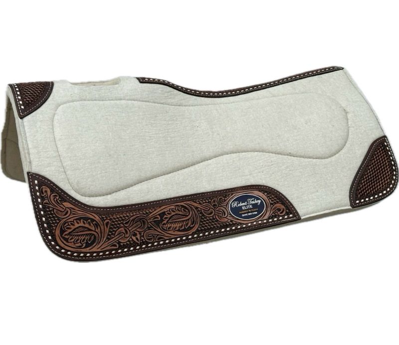 Robert Teskey Elite 1- inch Thickness Contoured Merino Wool Saddle Pad with BW and Leave Tooled White Buck Stitch Wear Leathers and Leather Spine in Creme