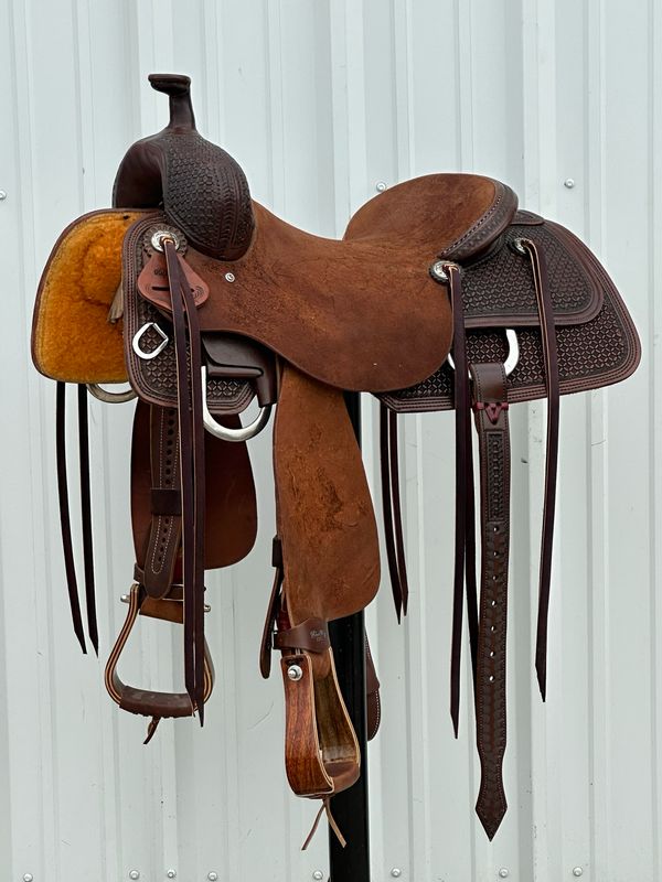 Robert Teskey Elite Cow Horse Saddle with a 16 1/2- inch Rough Out Seat Waffle Tooled Antique Chocolate
