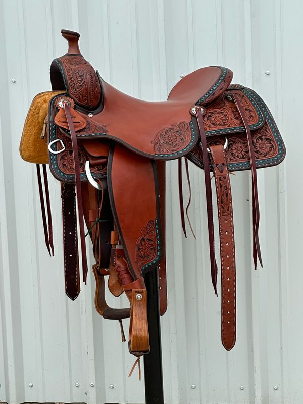 Robert Teskey Elite Cow Horse Saddle with a 17-inch Slick Out Seat Floral Tooled with Turquoise Buck Stitch Border