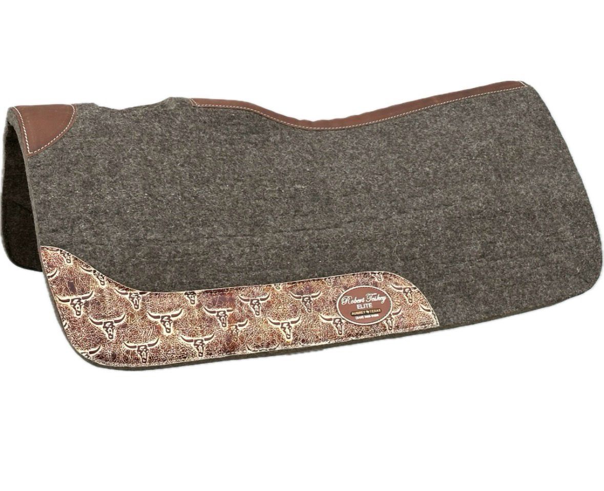Robert Teskey Elite Contoured 1- inch Thickness Merino Wool Saddle Pad with Longhorn Printed Wear Leather