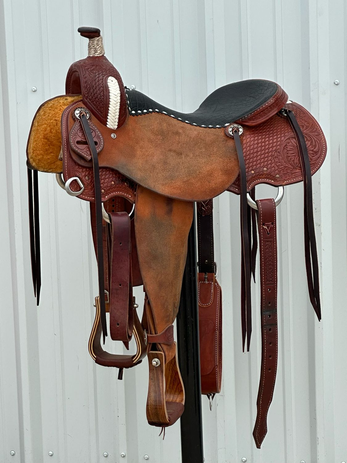 Trent Ward Cow Horse Saddle with a 16 1/2- inch Padded Exotic Seat Basket Weave and Sunflower Tooled
