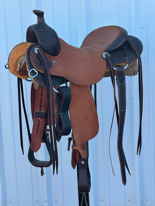 Stuart Rybak Ultra Light Cow Horse Saddle with a 15 1/4- inch Rough Out Seat Basket Weave and Floral Tooled Dark Finish