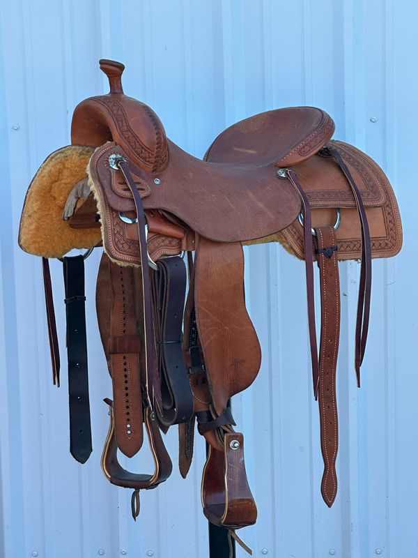 Stuart Rybak Cow Horse Saddle with a 16- inch Rough Out Seat with Tooled Border Chestnut