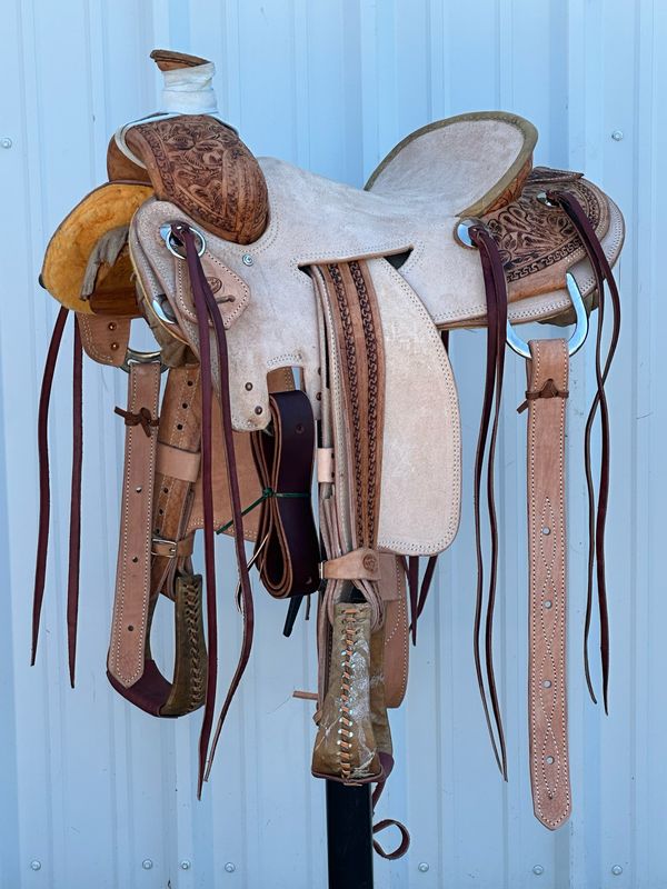 Heart O Texas Seat Rig Ranch Roping Saddle with a 15- inch Rough Out Seat Floral Tooled in Light Finish
