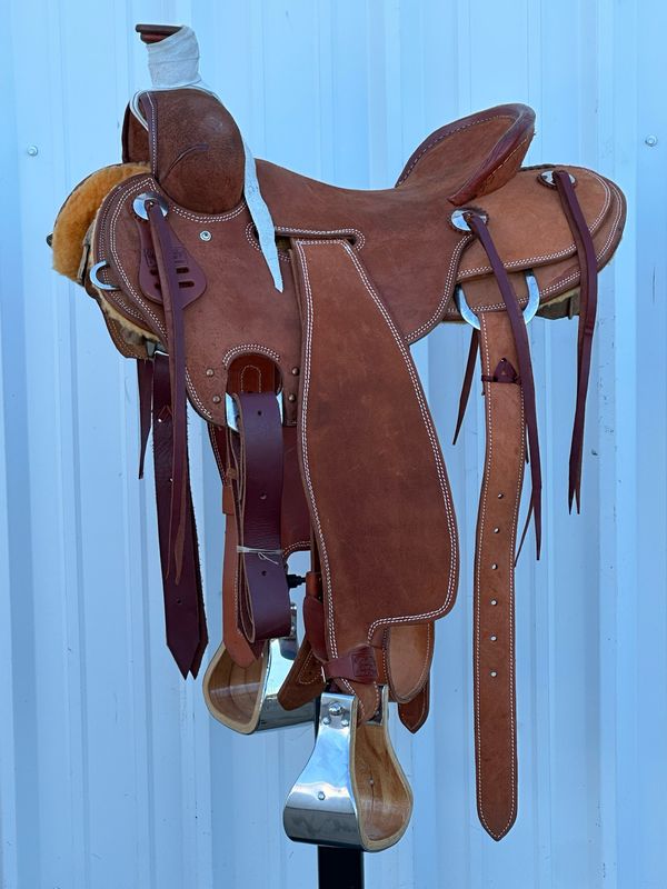 Robert Teskey Strip Down Seat Rig Roping Saddle with a 15- inch Rough Out Seat Double Stitch