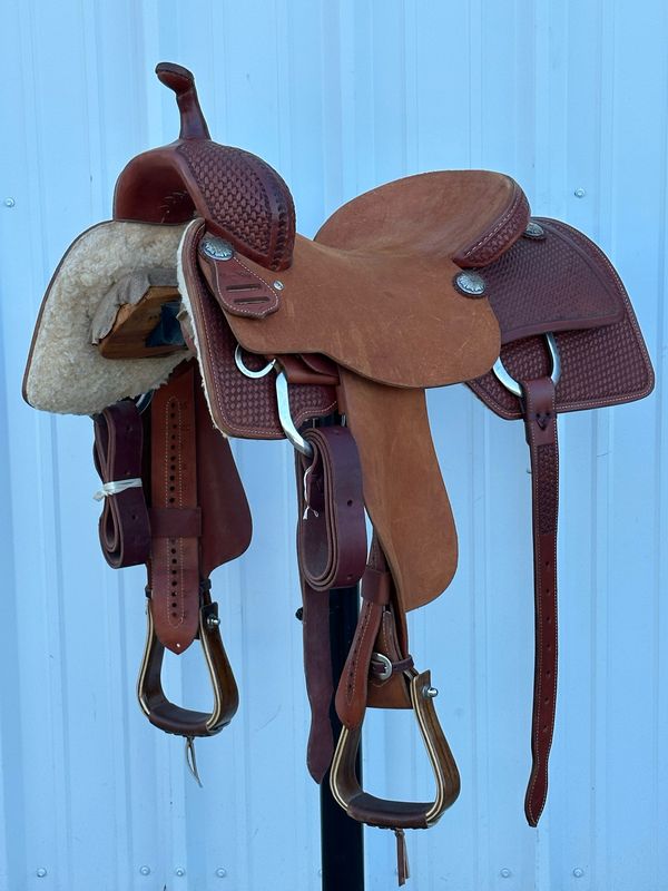 Robert Teskey Elite Cutting Horse Saddle with a 16- inch Rough Out Seat Tooled Basket Weave BW Tree