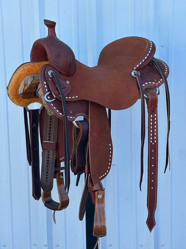 Stuart Rybak Cow Horse Saddle with a 16 1/2- inch Rough Out Seat Tooled Basket Weave  and Sunflower with White Buck Stitch Border
