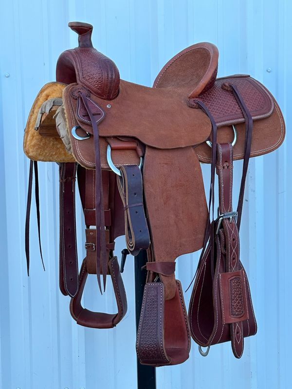 TR Saddlery Ranch Roping Saddle with a 13 1/2- inch Rough Out Seat High Back Tooled Waffle with Border Chestnut