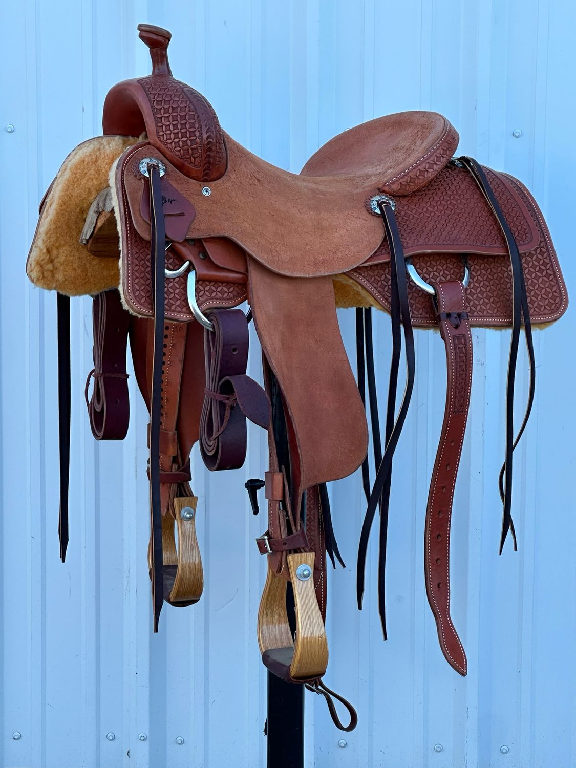 Stuart Rybak Cow Horse Saddle with a 16- inch Rough Out Seat Tooled Waffle Chestnut Finish